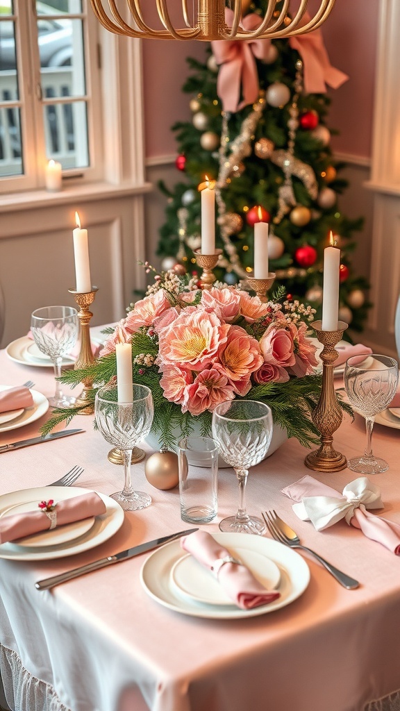 Elegant Pink Christmas Table Settings Elegant pink Christmas table setting with floral arrangements and candles.
